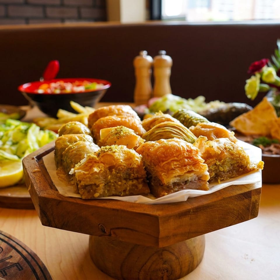 Golden layered pastries fill a wooden serving platter, surrounded by salads, dips, bread, flowers, and other dishes on a restaurant table.