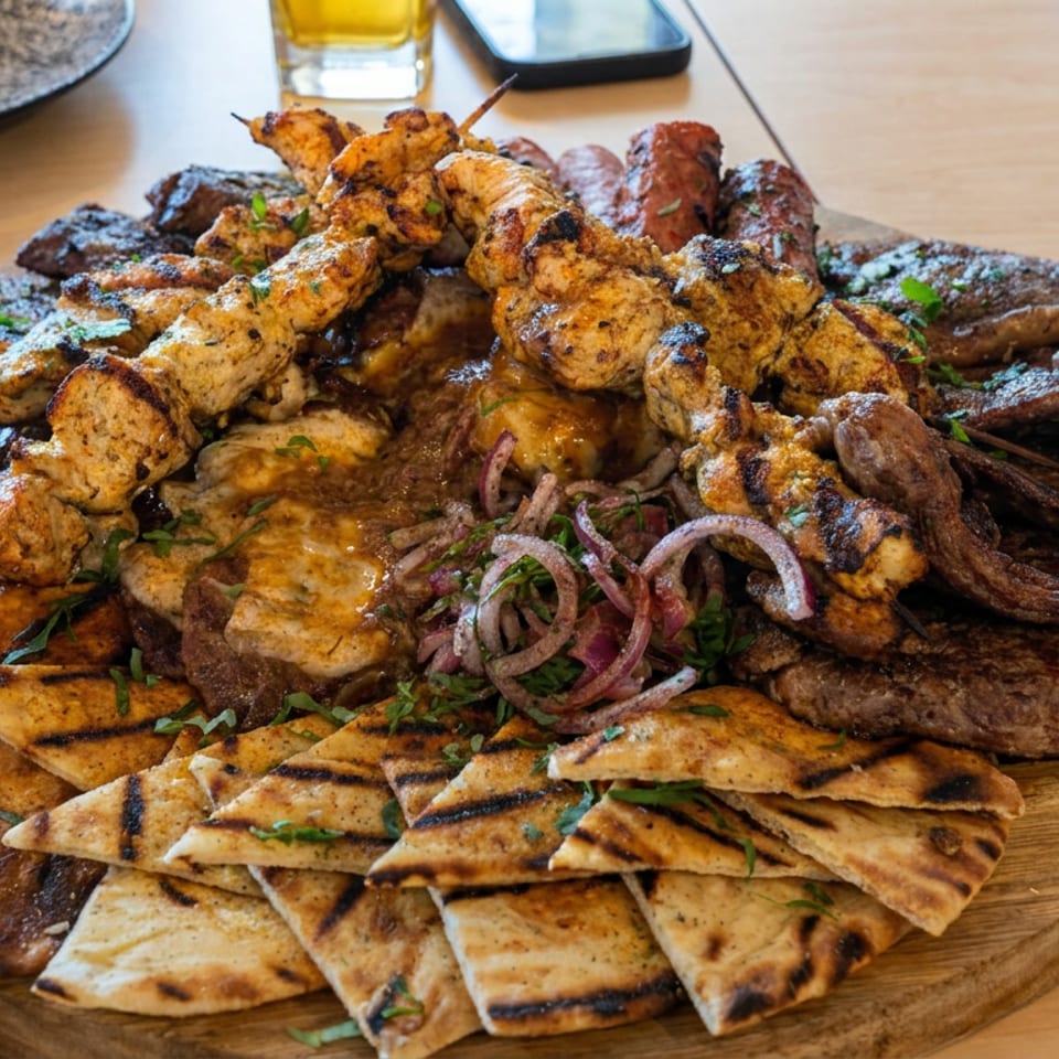 A wooden platter piled with grilled kebabs, meat, chicken, toasted flatbread, onions, herbs, and hummus.