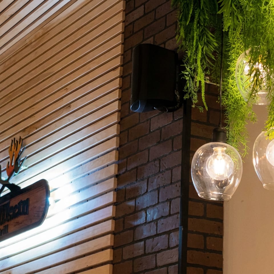 Rustic restaurant interior featuring a wood-paneled wall, Balikçi Grill sign, brick accents, hanging plants, and glowing pendant lights.