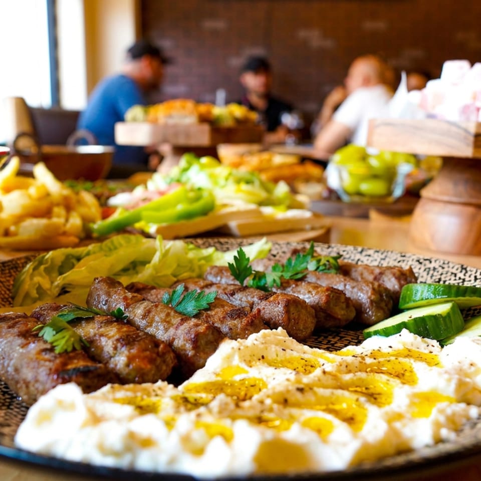 Middle Eastern platter with grilled kofta, hummus, cucumber, lettuce, and herbs on a restaurant table.